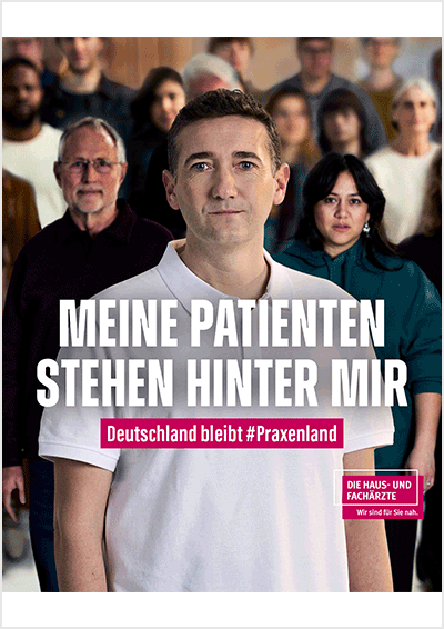 Ärztin blickt in die Kamera. Meine Patienten stehen hinter mir. Deutschland bleibt #Praxenland. 